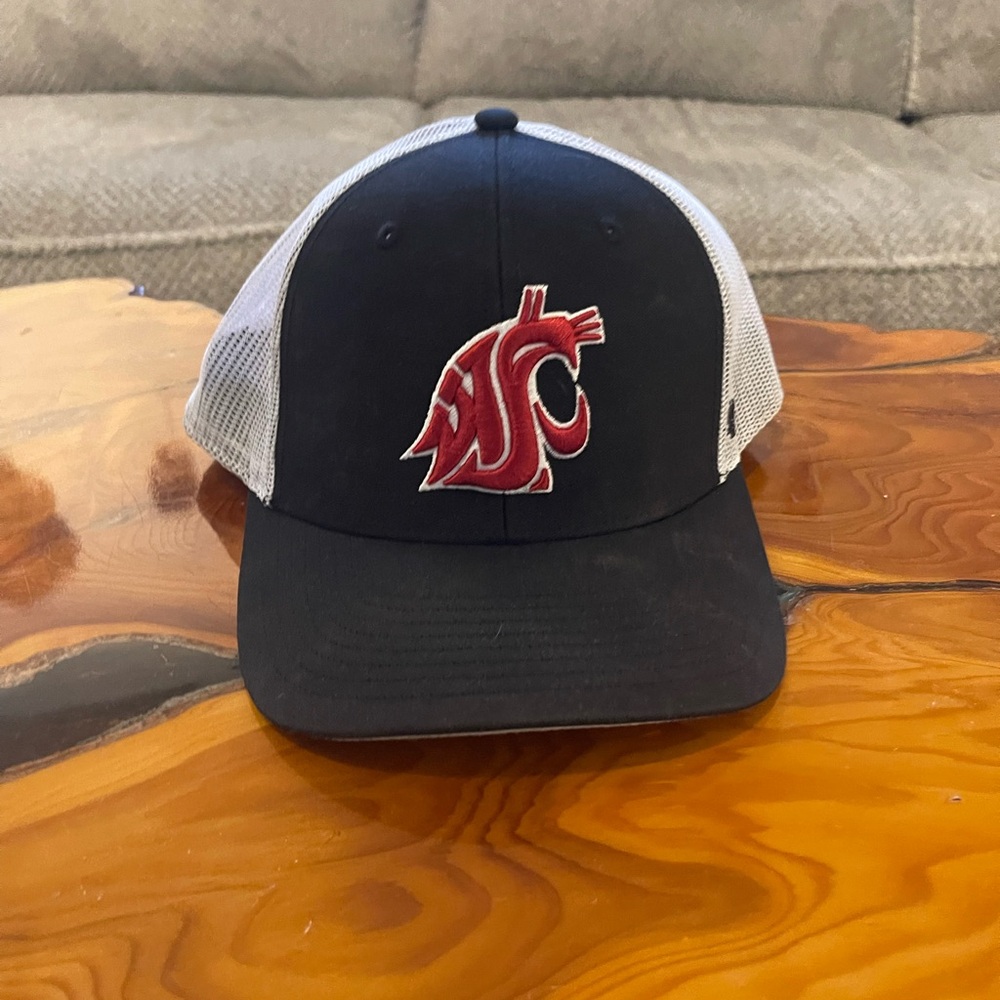 Black and White Baseball Cap with Red Logo